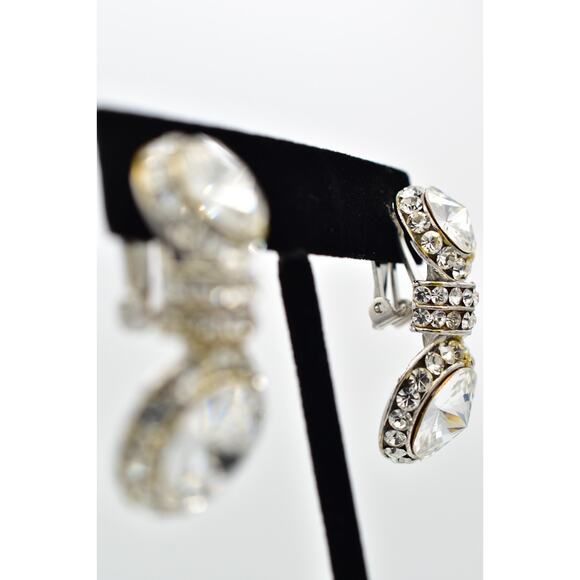 Vintage Crystal Clip On Earrings Rhinestone Drop Shiny Channel Chunky 1980s 9H - Picture 5 of 12